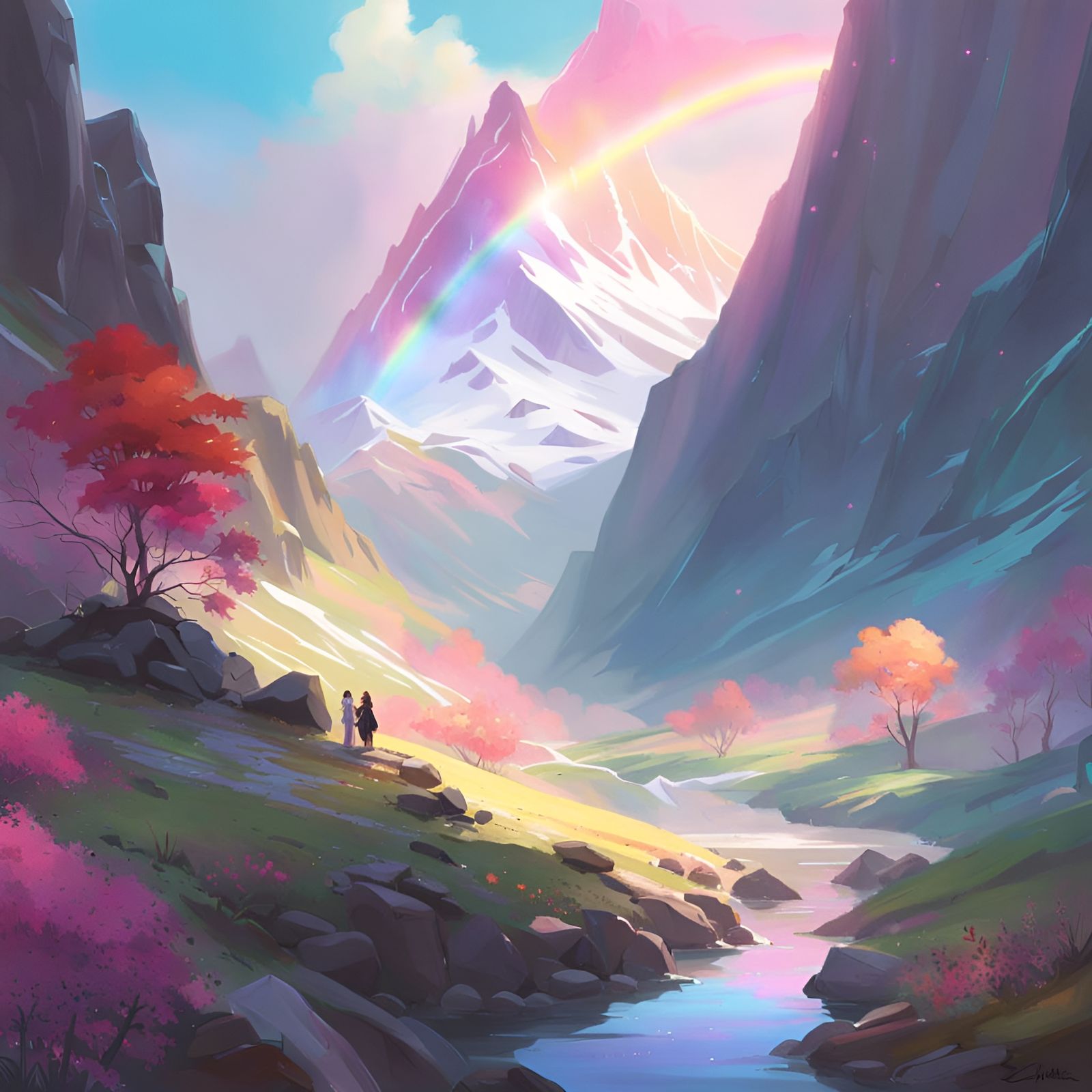 Magical Rainbow Mountain Landscape in Animated Style
