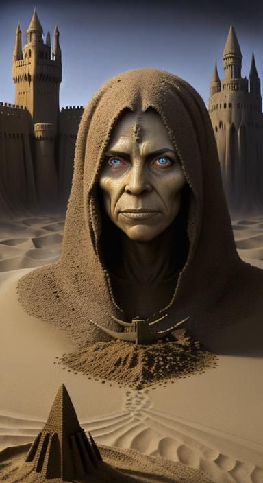 Surreal Witch Builds Sandcastle, Oil Painting