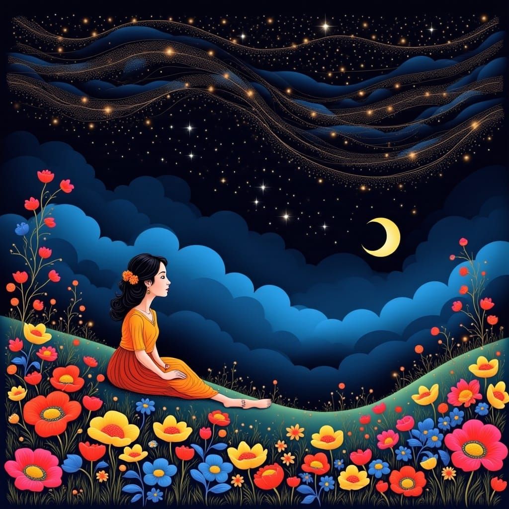 Woman Contemplates Starry Night in Palekh Style