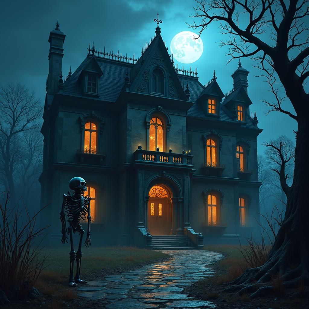 Eerie Skeleton at Abandoned Mansion on Stormy Night