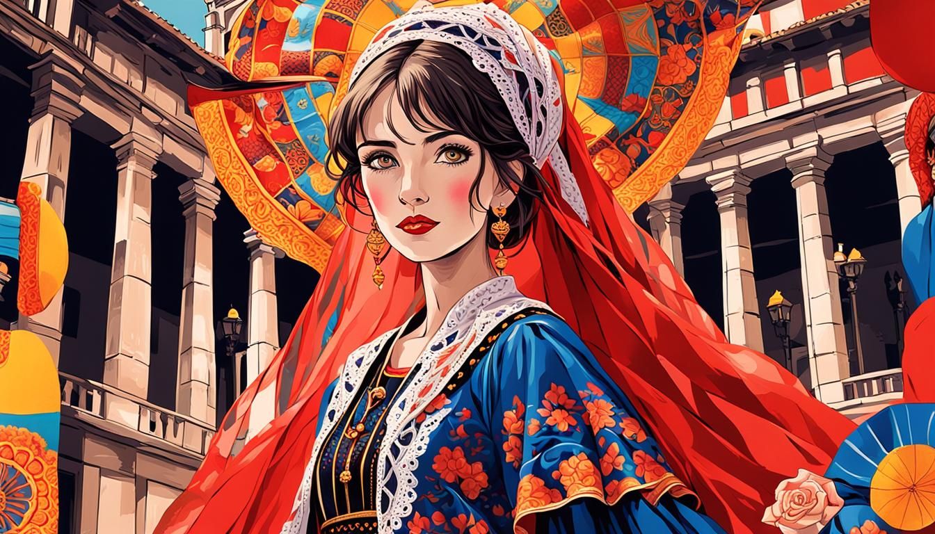 Andorran Spanish Woman in Anime Style Flamenco Dress