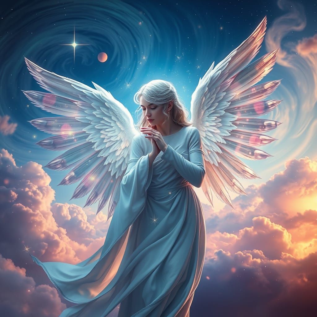 Serene Angelic Figure in Whimsical Dreamlike Landscape