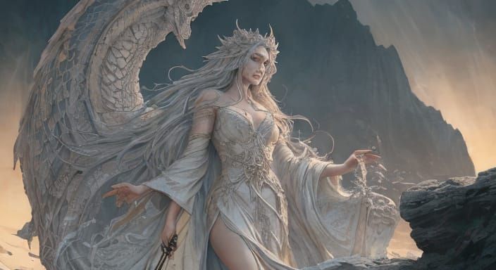 Serene Female Hero in Radiant Sunset, Surrounded by Majestic...