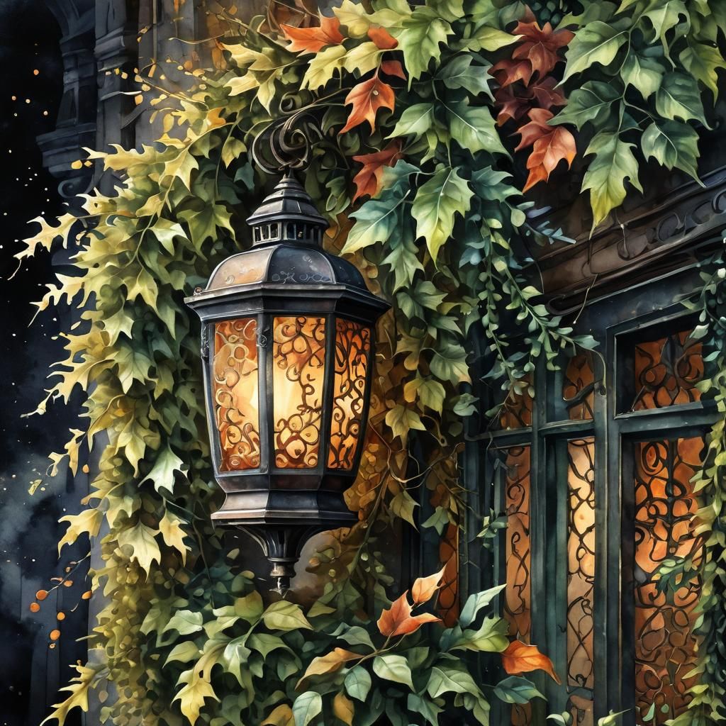 Whimsical Watercolor of Autumn Balcony with Lantern
