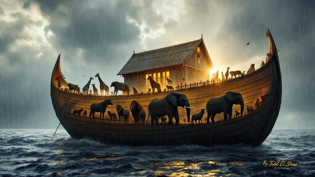 Noah's Ark Silhouette with Animals in Digital Matte Painting