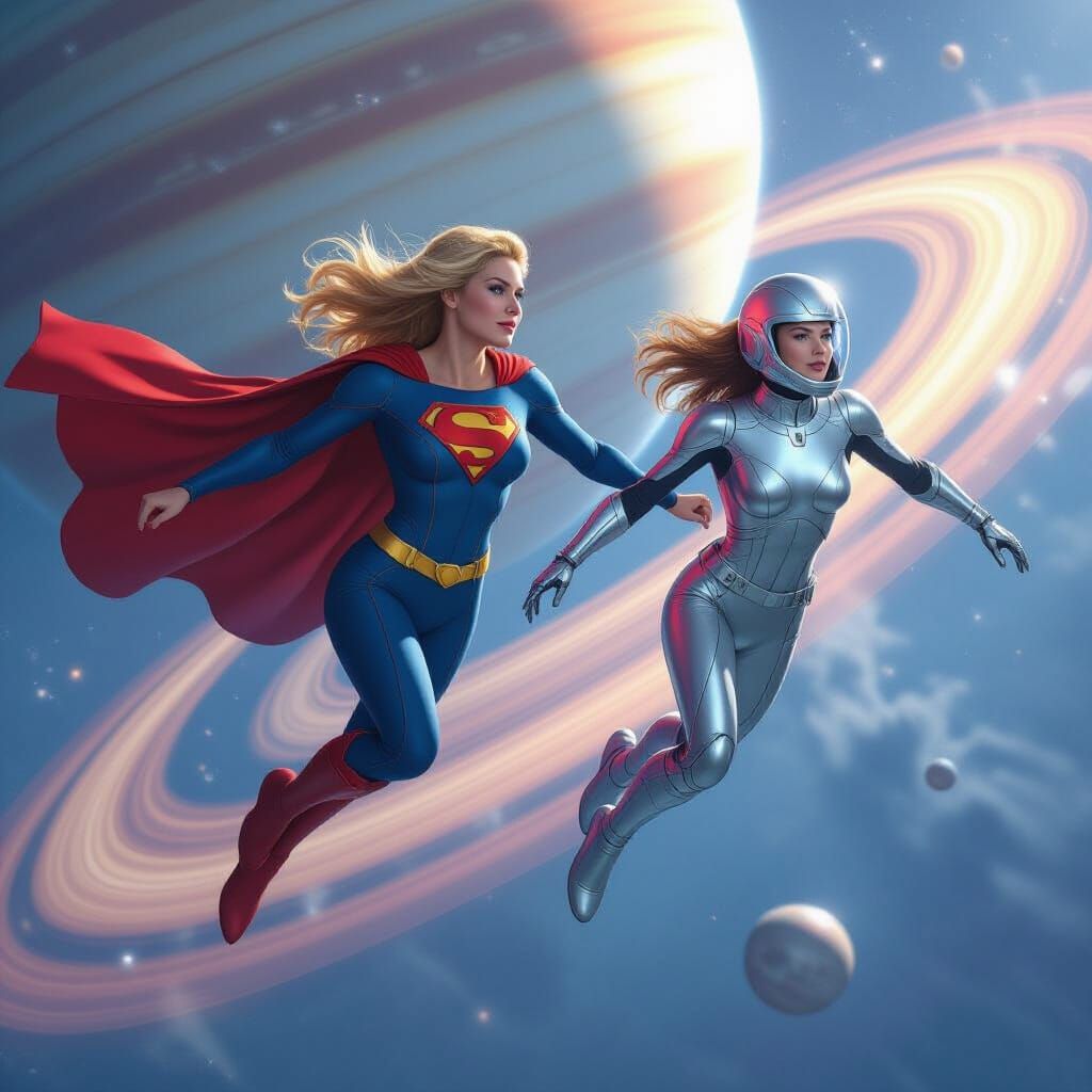 Supergirl and Lois Lane Soaring Above Saturn's Rings