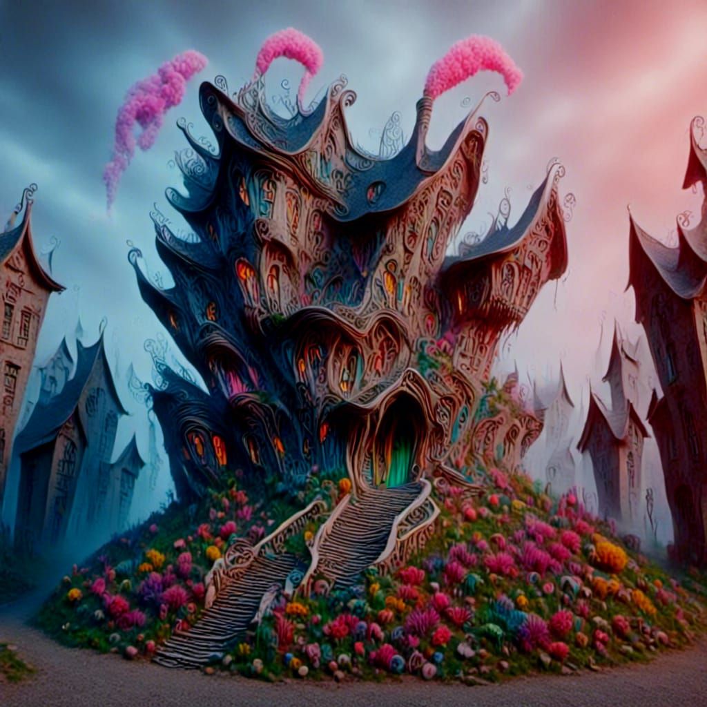 Surreal Crooked Mansion in Tim Burton Style