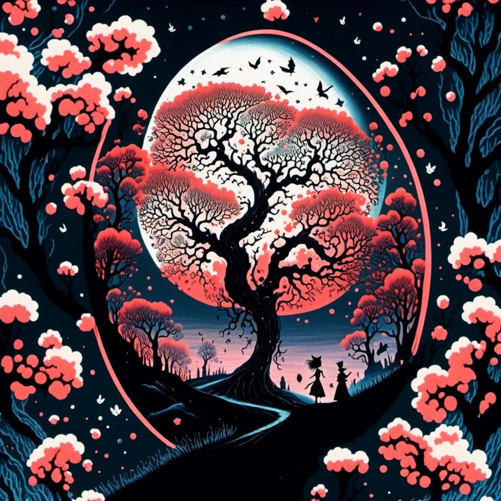 Sinister Tree Silhouette with Dancing Figure