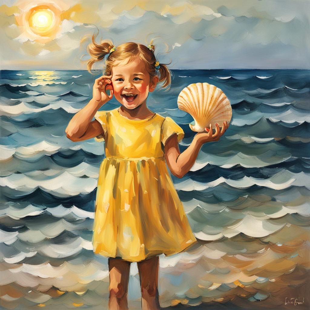 Girl Listens to Seashell by Ocean, Filled with Joy