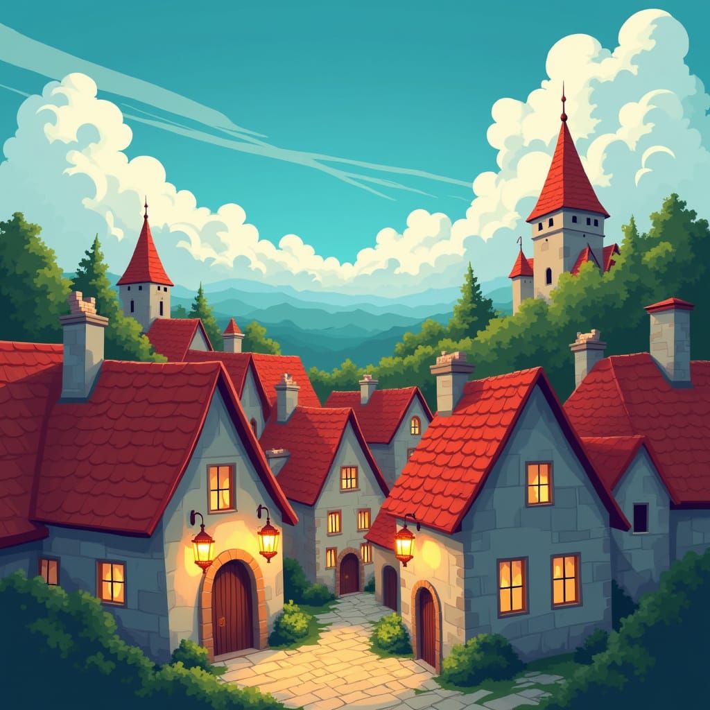 Medieval Village Scene in Flat 2D Cartoon Style