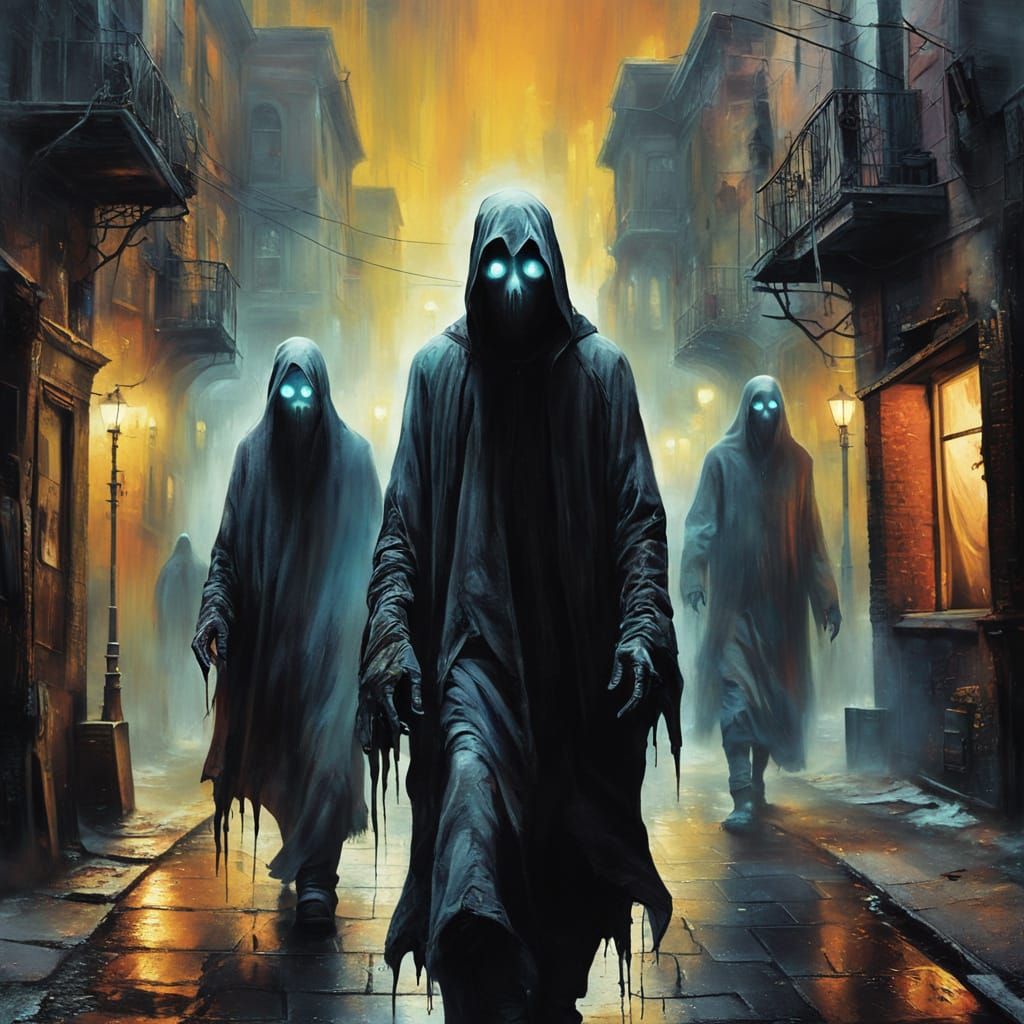 Surreal Walking Ghosts in a Misty City Alleyway
