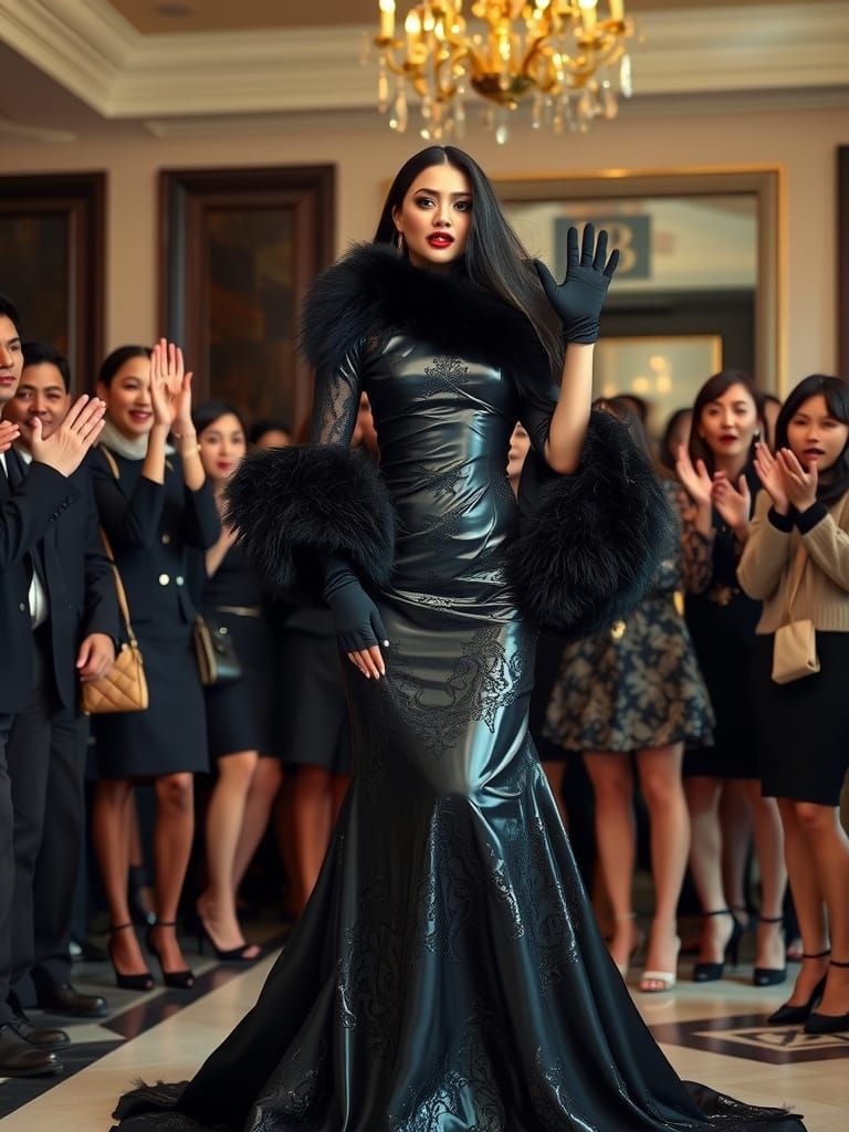 In this striking image, a sissy with long shining black hair...