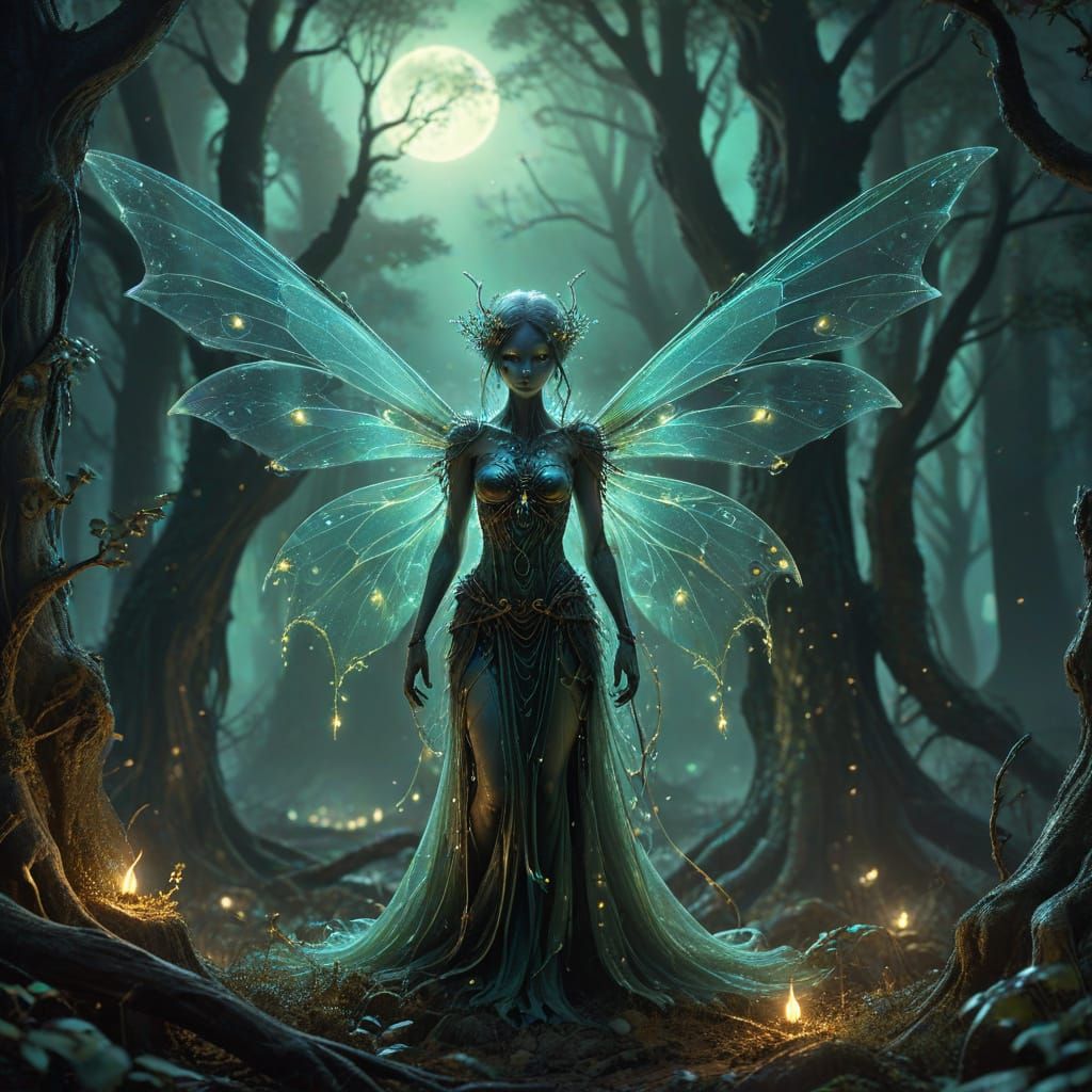 Ethereal Fairy in Moonlit Forest - Dark Fantasy Art