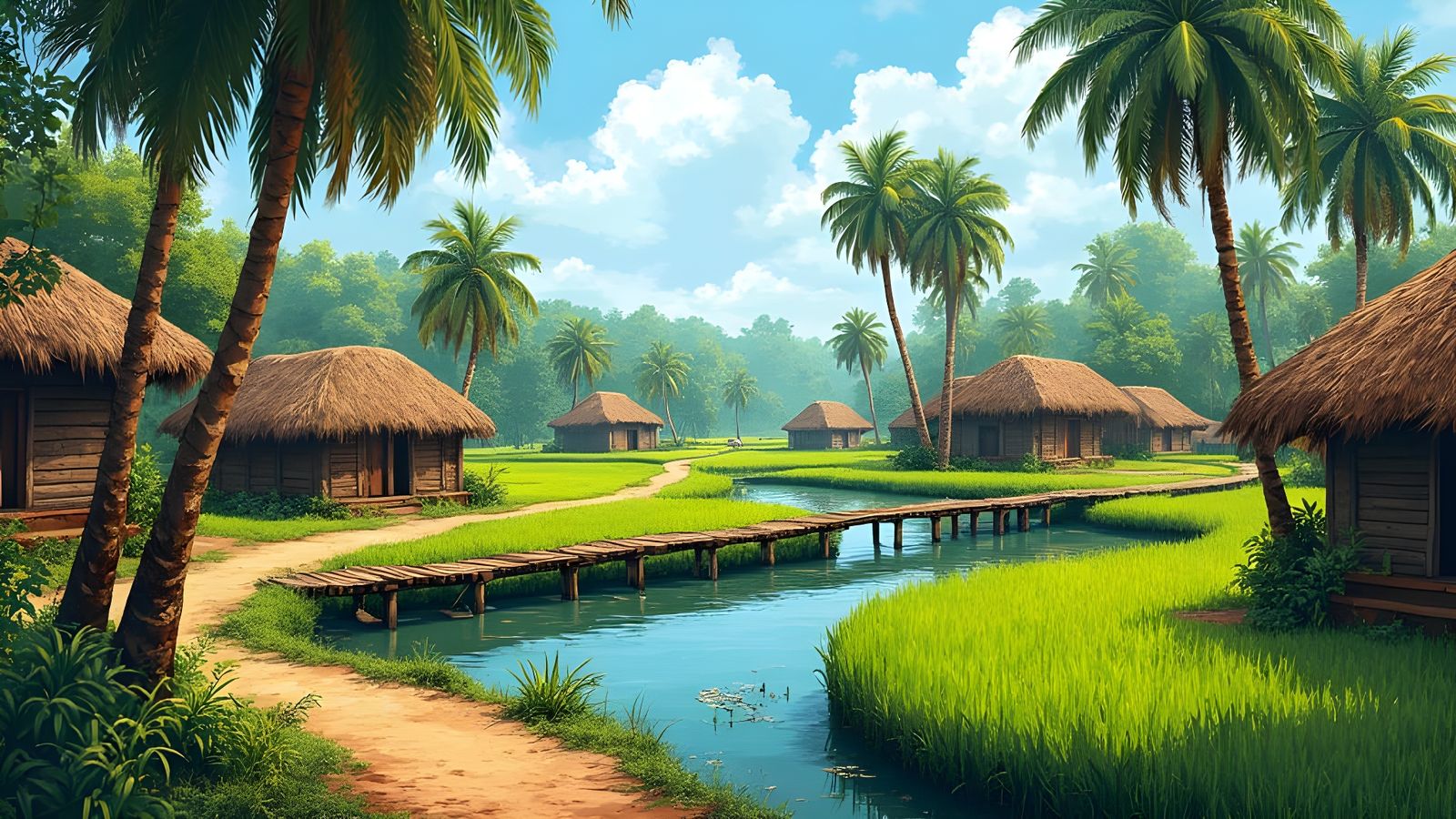 Rustic Bangladeshi Village Scene in Vibrant Folk Art Style