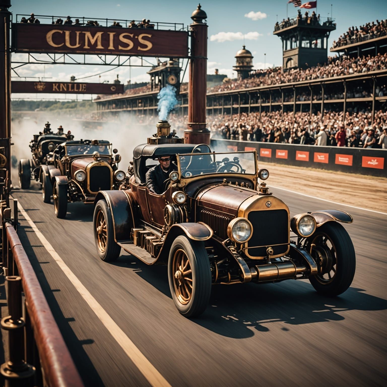 Steampunk Cars Racing to the Finish Line