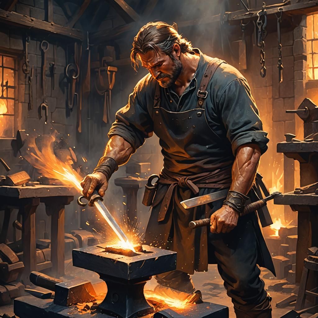 Blacksmith Forging a Glowing Sword in Fantasy Art Style