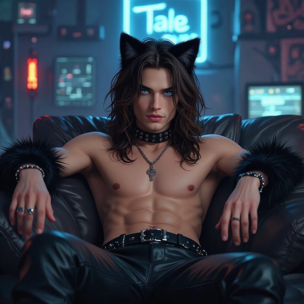 Edgy Cat-Eared Man in Synthwave Apartment