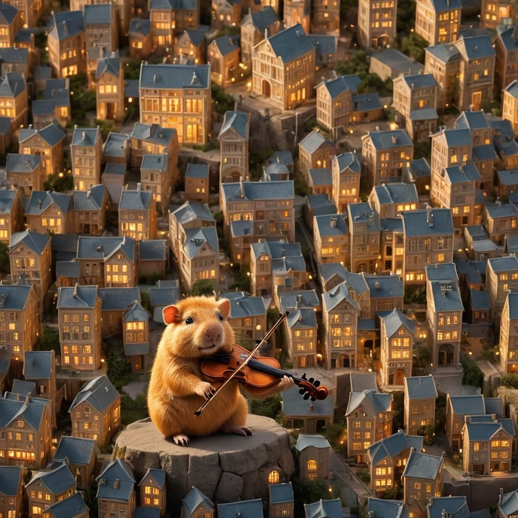 Baby Plays Violin in Miniature City