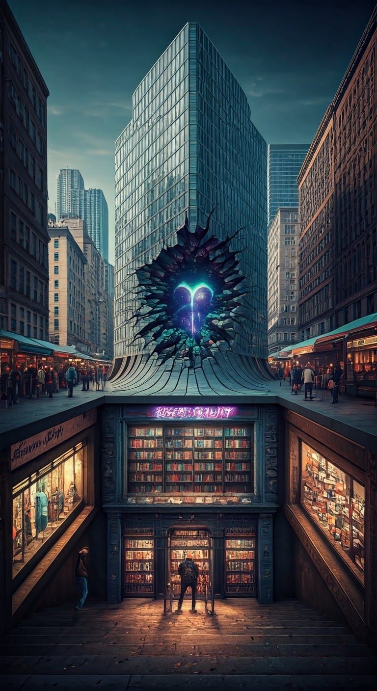 Surreal Skyscraper with Alien Bookstore Portal