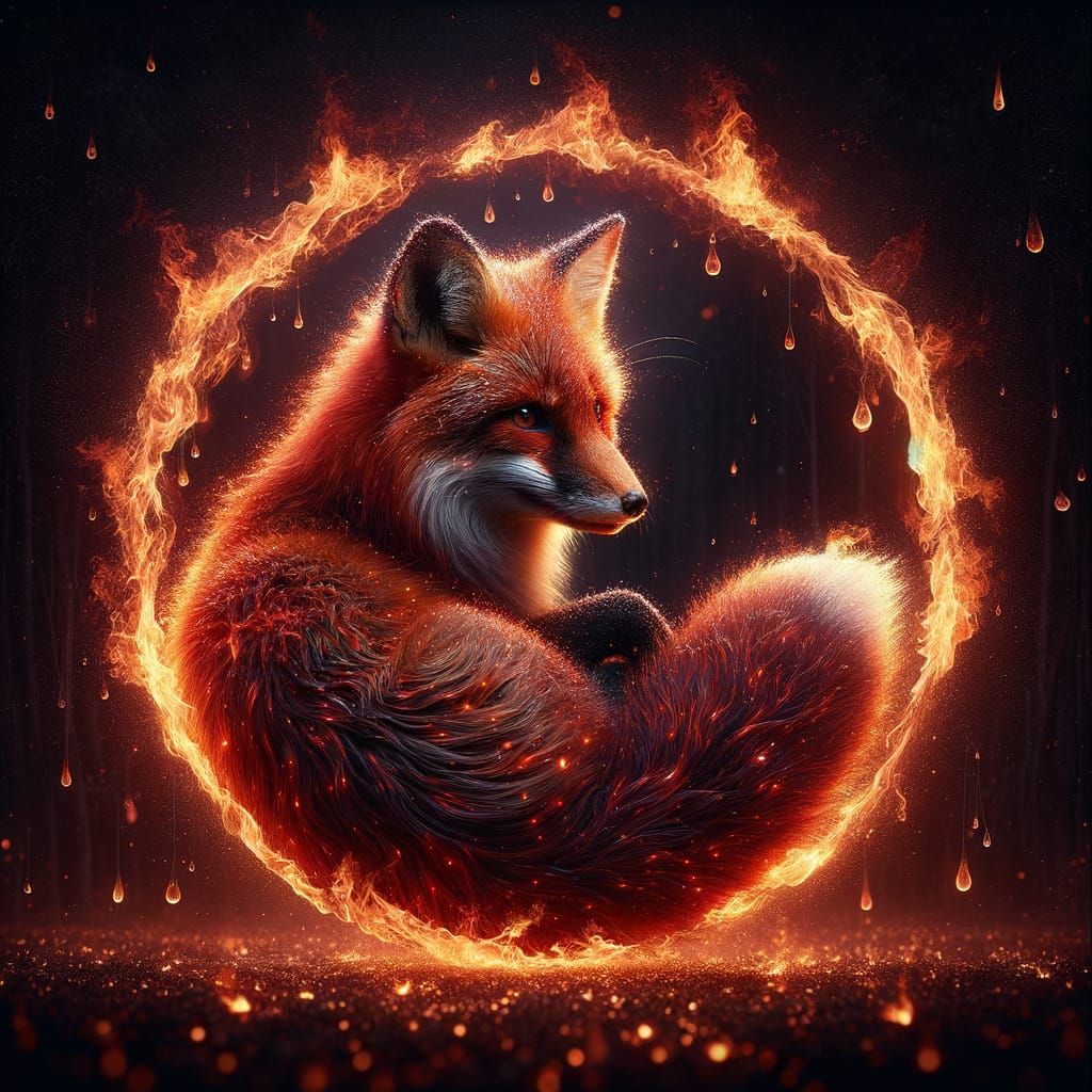 Red Fox Enveloped in a Circle of Dancing Flames
