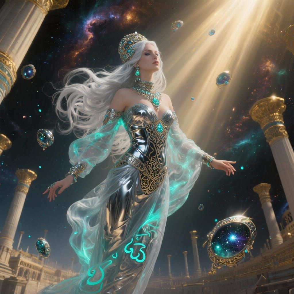Futuristic Persian Goddess in Cosmic Palace, Art Nouveau Cyb...