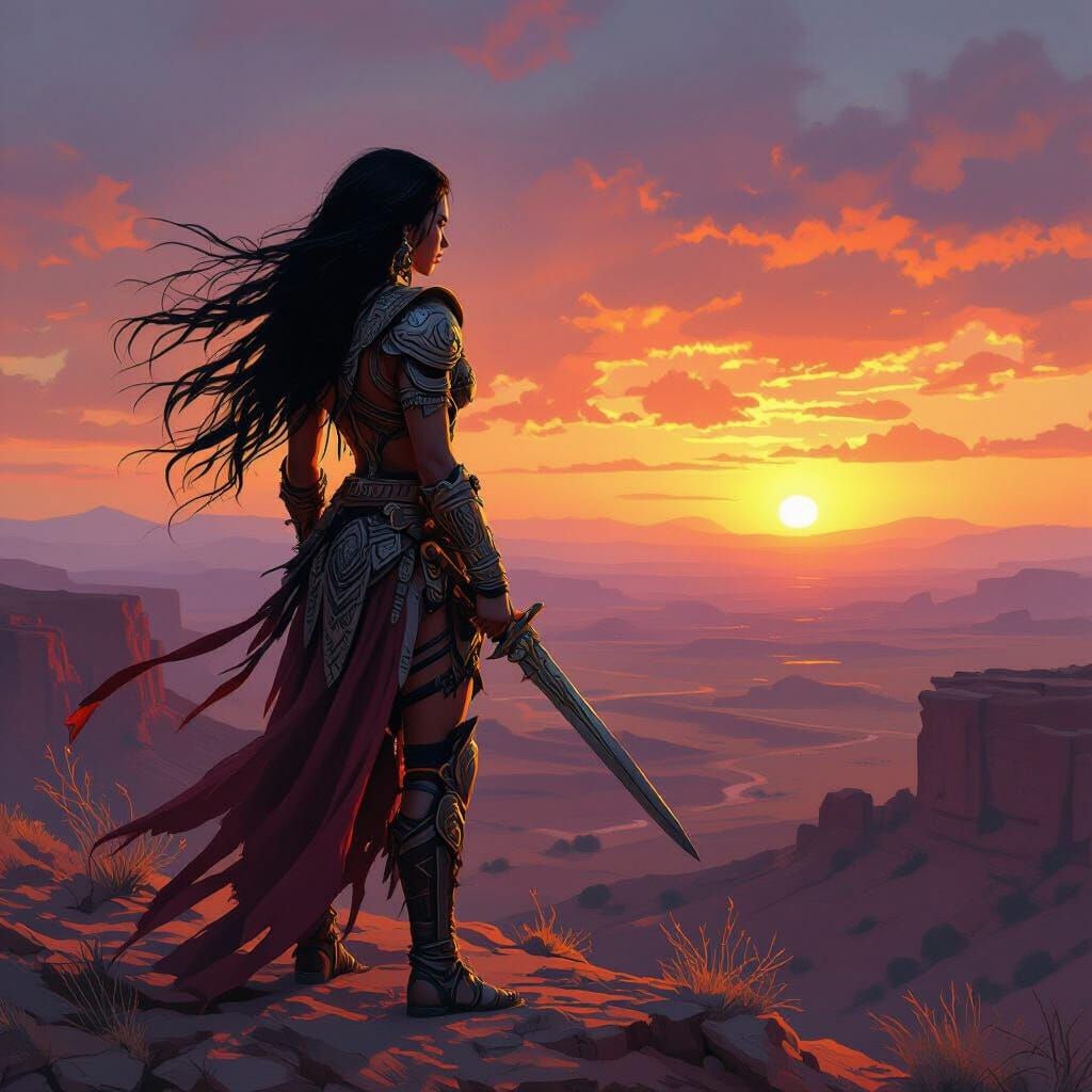 Latina Warrior on Mesa at Sunset, Expressive Art