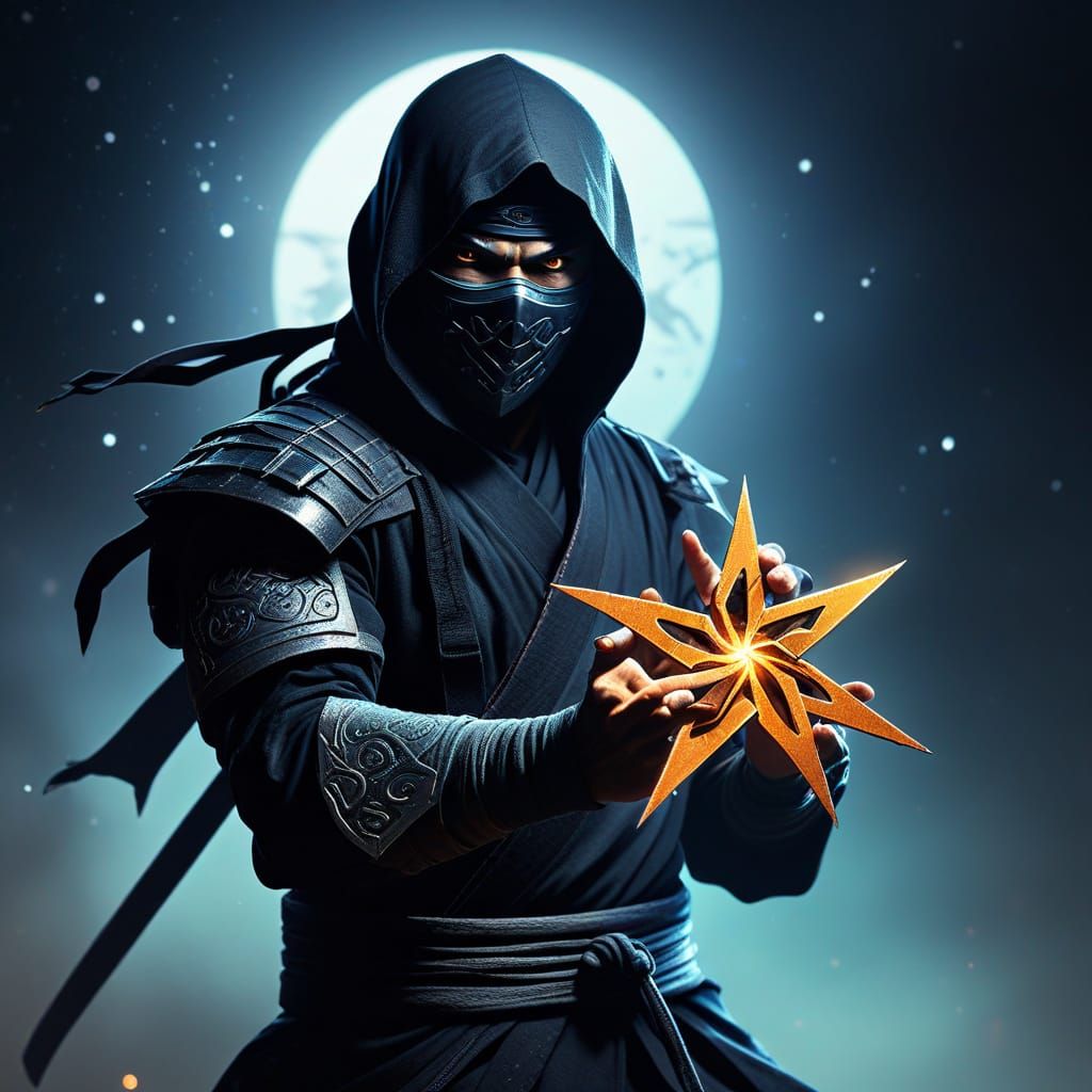 Ninja with Shuriken in Moonlit Digital Art