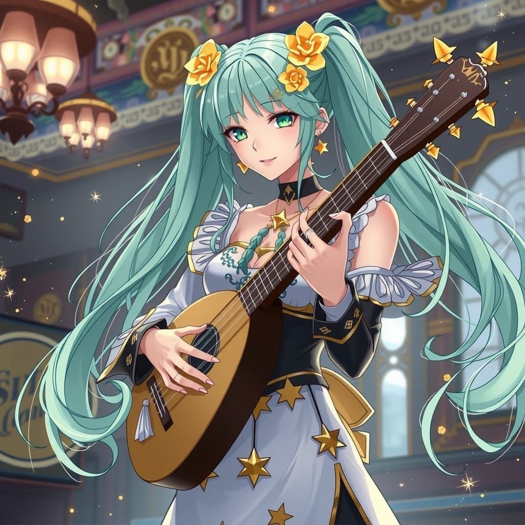 Anime Woman Plays Magical Lute with Glowing Magic