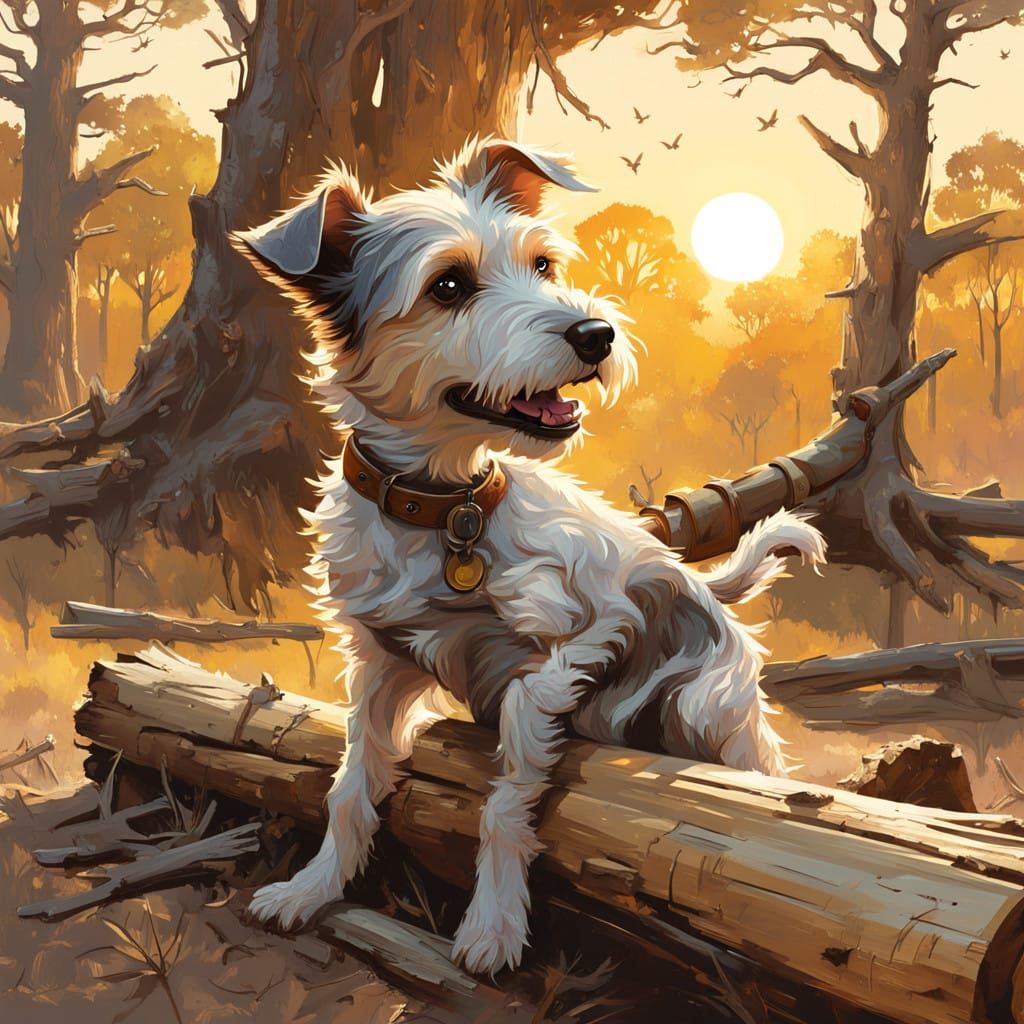 Rustic Terrier Holds Weathered Log in Golden Afternoon