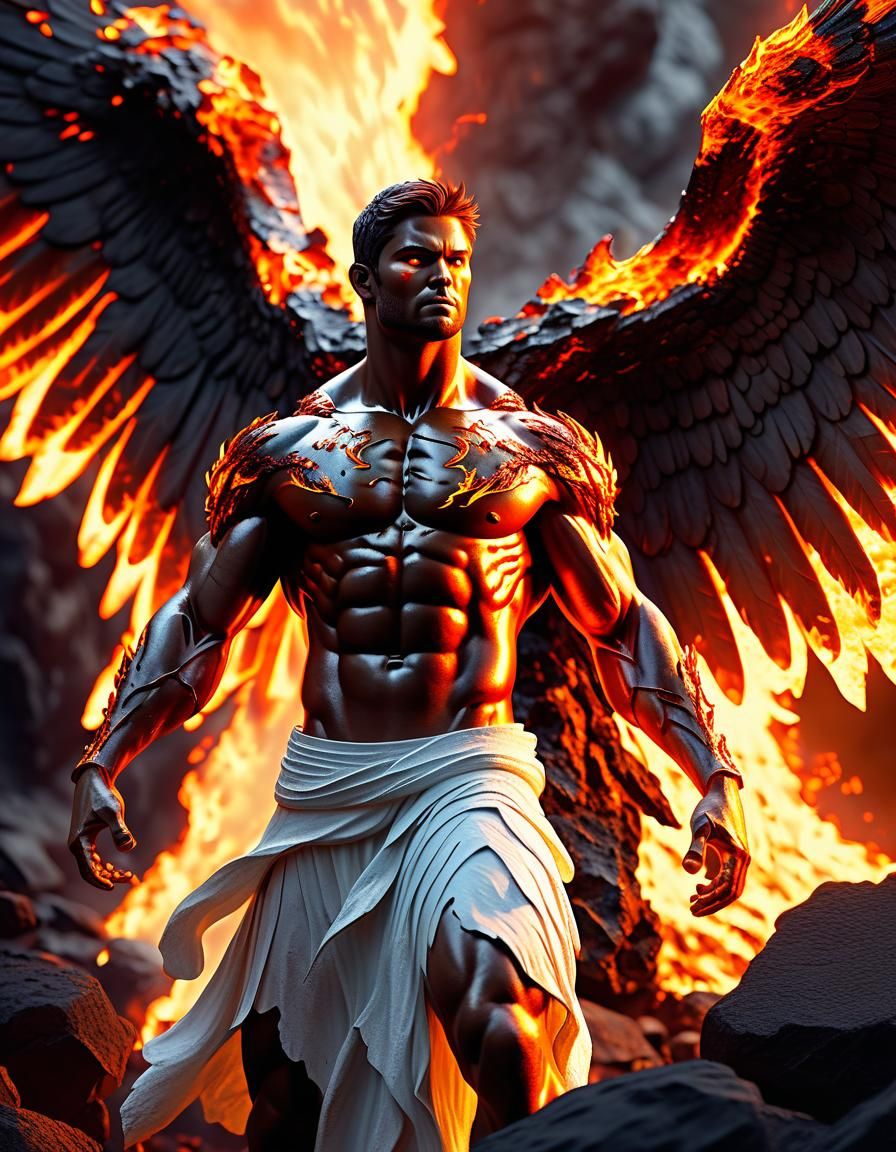 Fiery Angel on Molten Rock: Digital Art