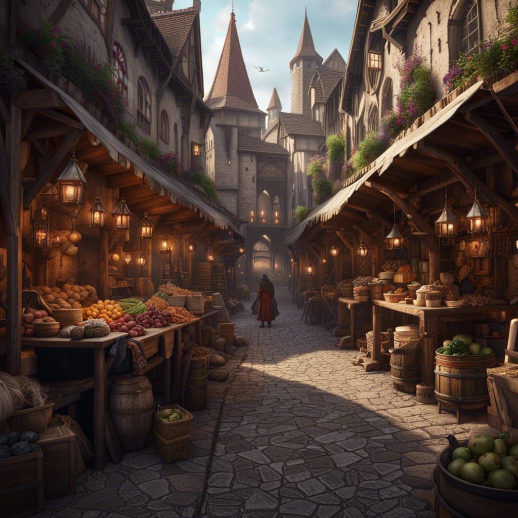Detailed Medieval Market in Fantasy Concept Art