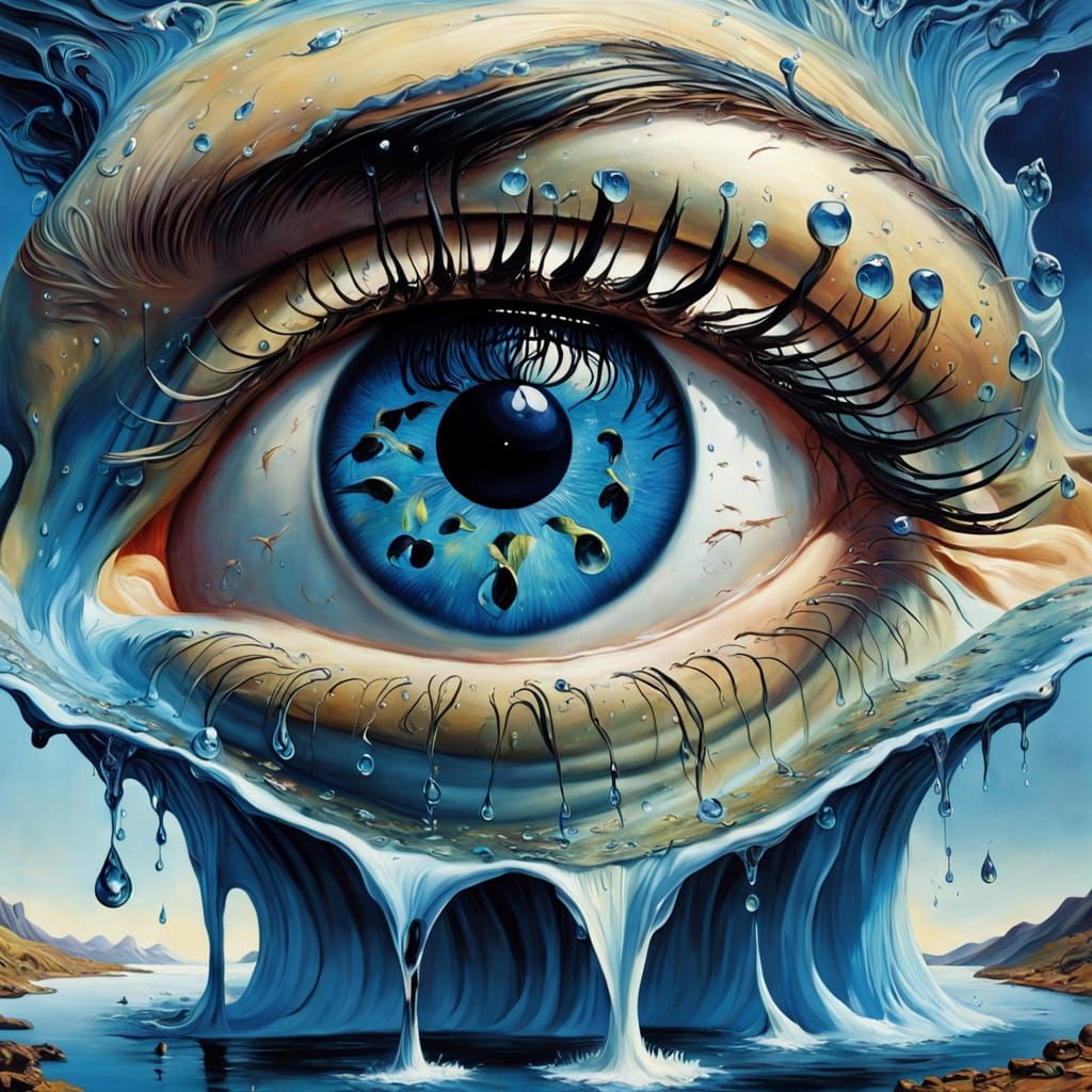Surreal Eye with Waterfall and Fish in Vibrant Pastel Colors