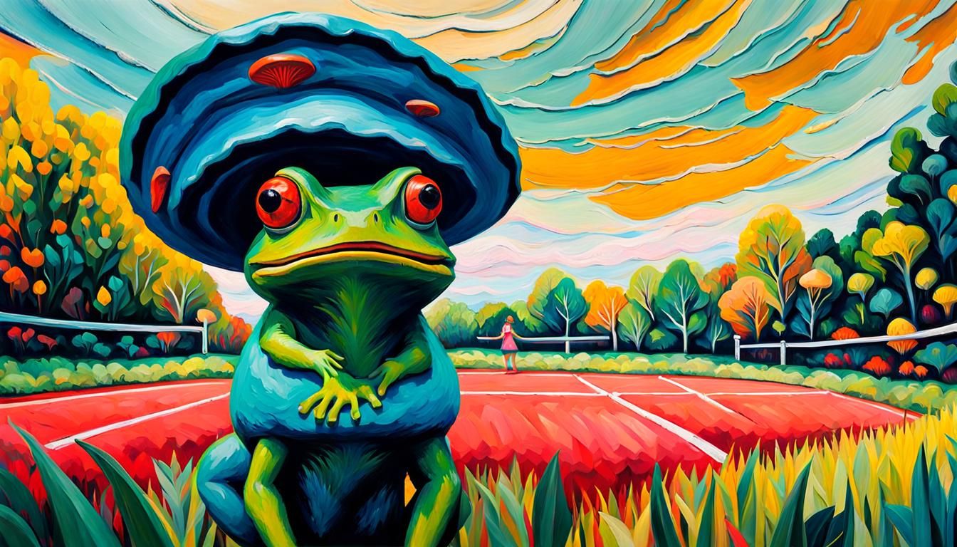 Frog Girl in Mushroom Hat Impasto Painting