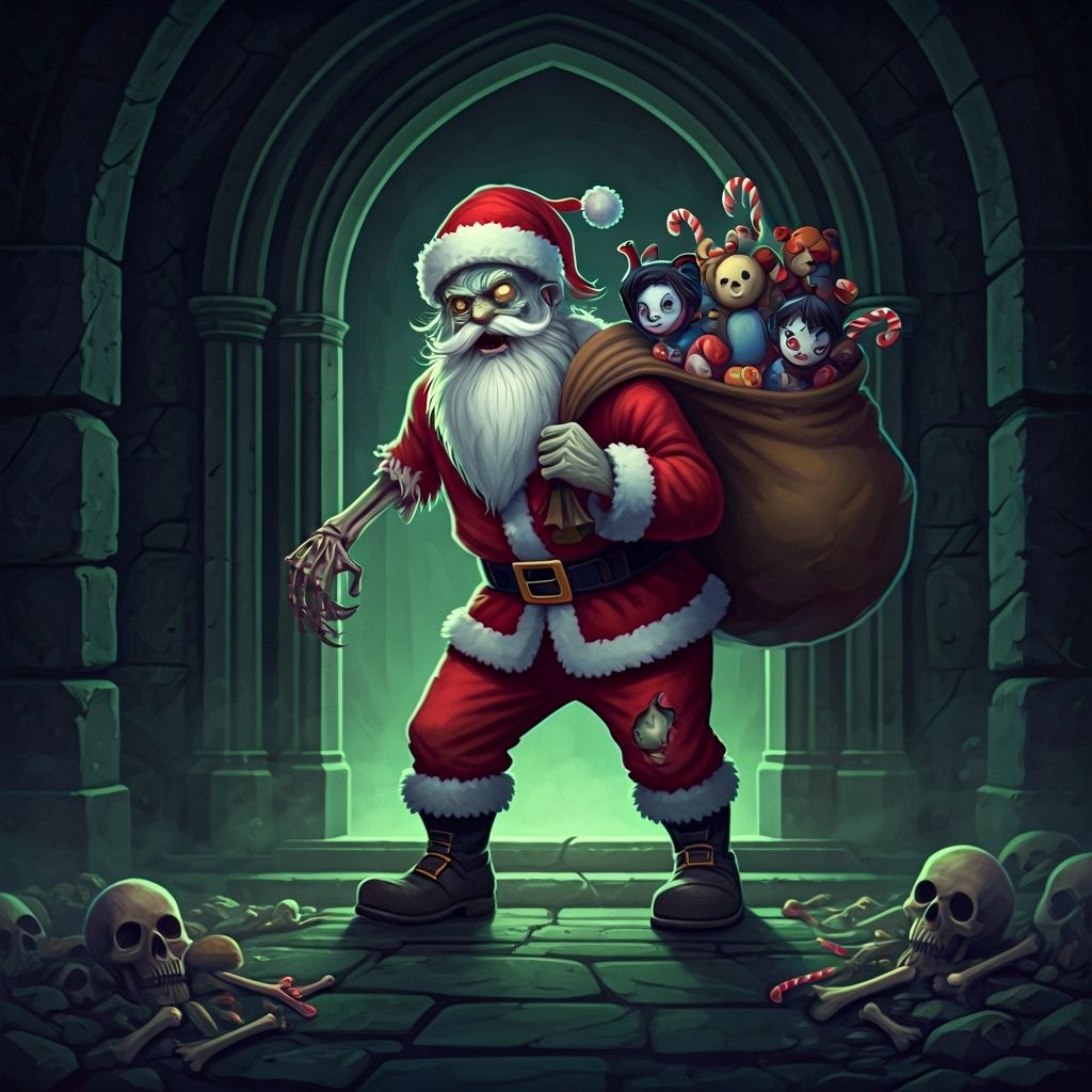 Zombie Santa's Cryptmas Delivery in Macabre Cartoon Style
