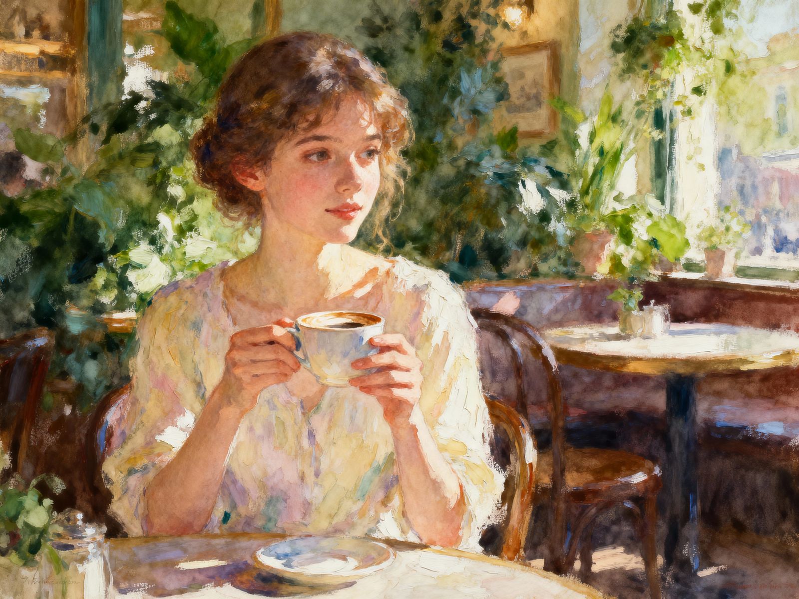 Woman with Coffee at Quaint Cafe in Watercolor
