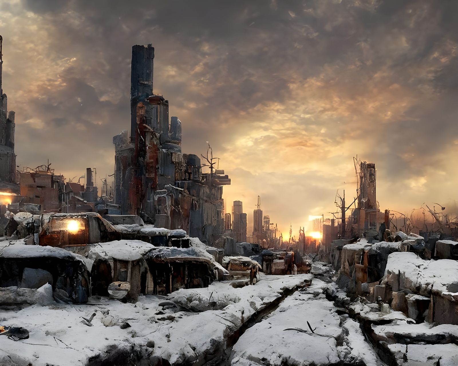 Post-Apocalyptic Snowy City at Sunset in Nuclear Winter