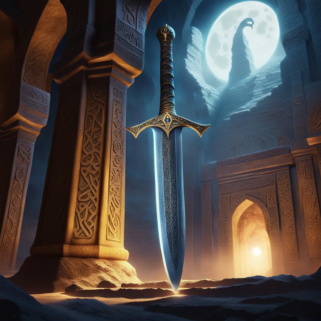 Ethereal Scimitar Glows in Mystical Desert Temple