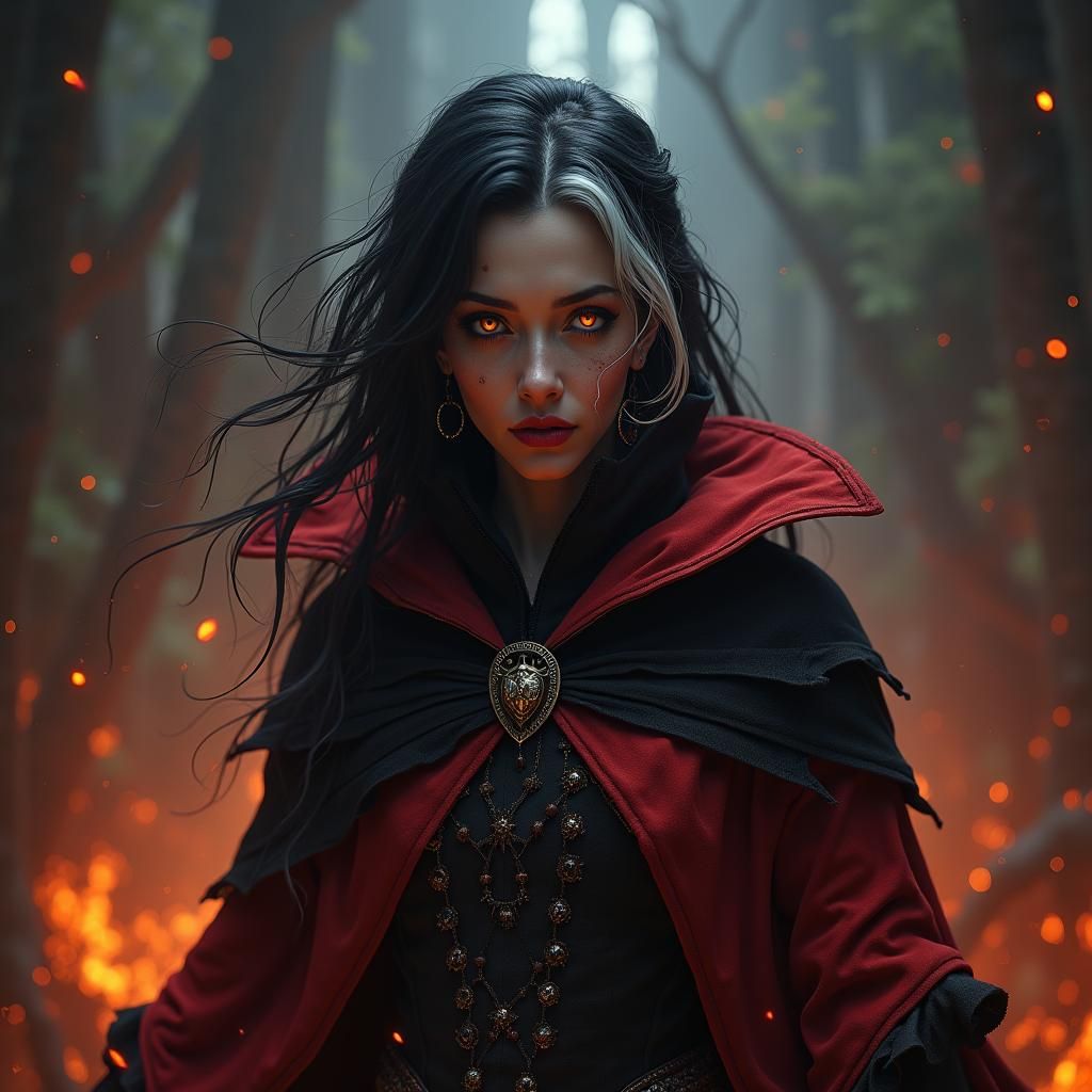 Medieval Villainess in Crimson Cloak with Fiery Aura