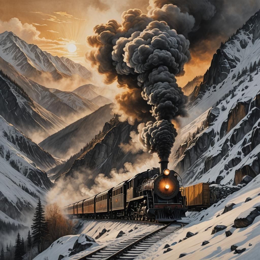 Steam Train Ascends Snowy Mountain: Charcoal Drawing