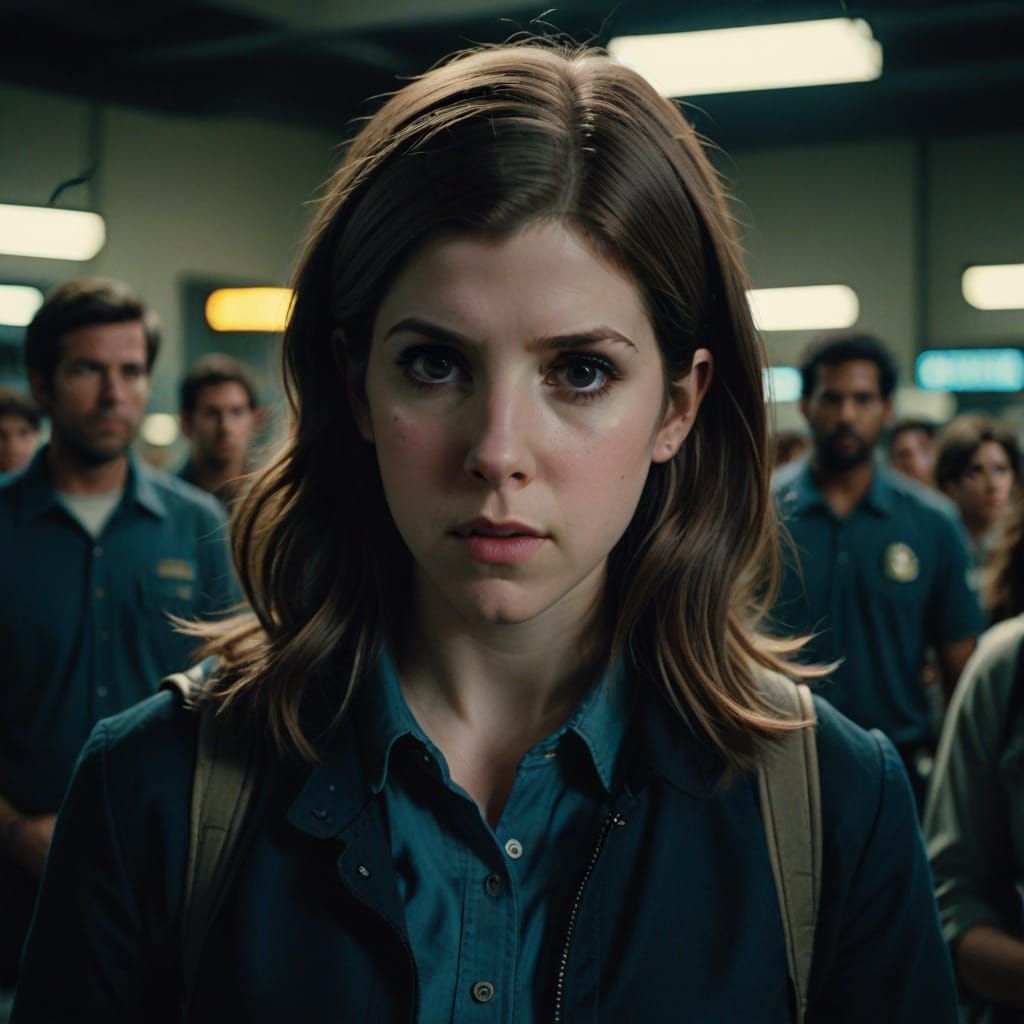 Anna Kendrick in Cinematic Film Still with Film Grain and Vi...