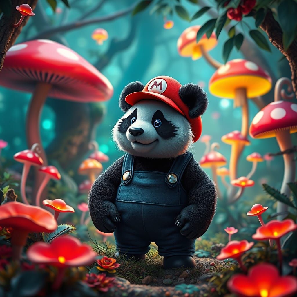 Panda in Vibrant Red Mario Attire in Whimsical Mushroom Fore...