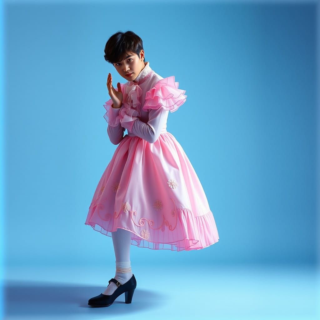 Elegant Gentleman in Pastel Pink Lolita Dress, Captured in a...