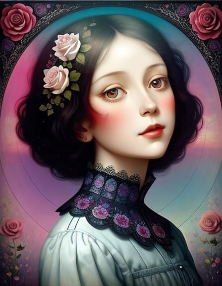 Ethereal Victorian Woman in a Kaleidoscope of Roses