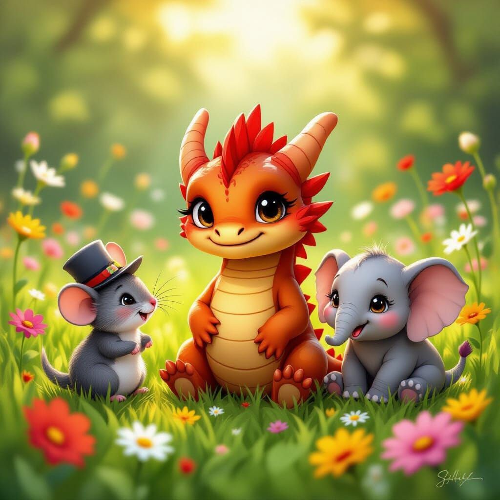 Enchanting Meadow Scene with Dragon and Friends