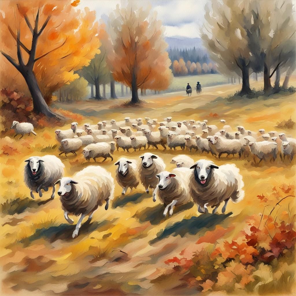 Sheepdog and Sheep in Autumn Impressionism