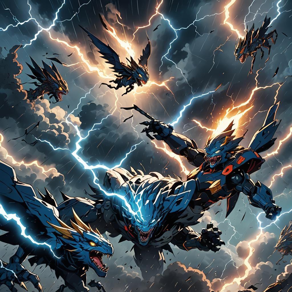 Anime Battle Scene in Stormy Sky