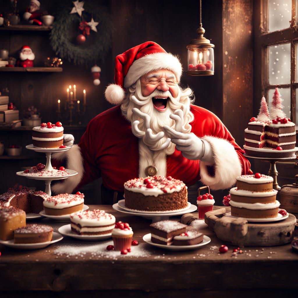 Laughing Santa Claus Enjoys Cakes: Vintage Photograph