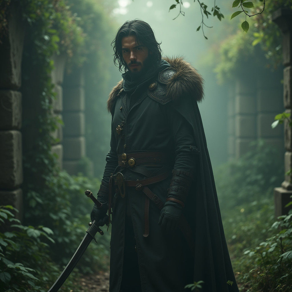 Medieval Demon Hunter in Overgrown Garden