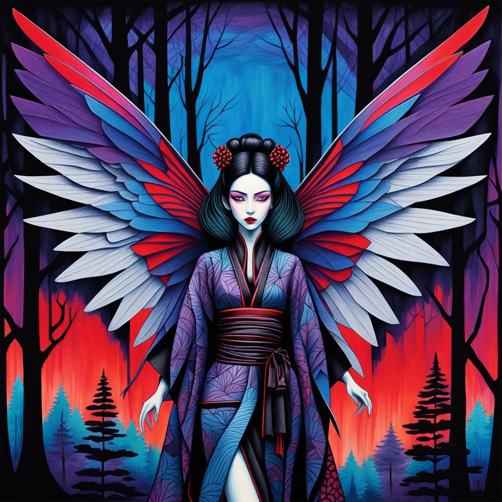 Gothic Fairy Geisha with Cubist Wings in Dark Forest