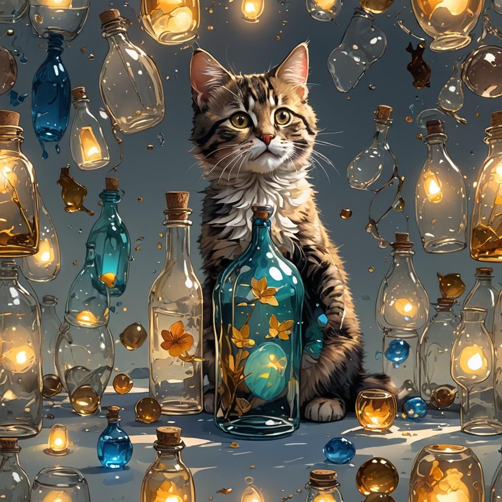 Kitten Bottle at Dawn: Watercolor Concept Art